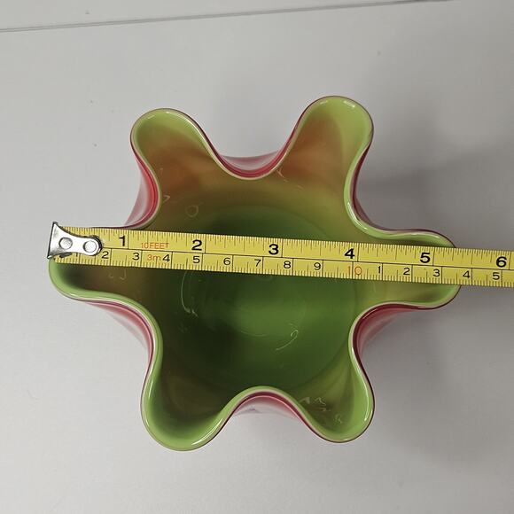 60s Murano Glass Handkerchief Red Green Ruffle Vase MCM Retro Vintage Handblown - Picture 6 of 7